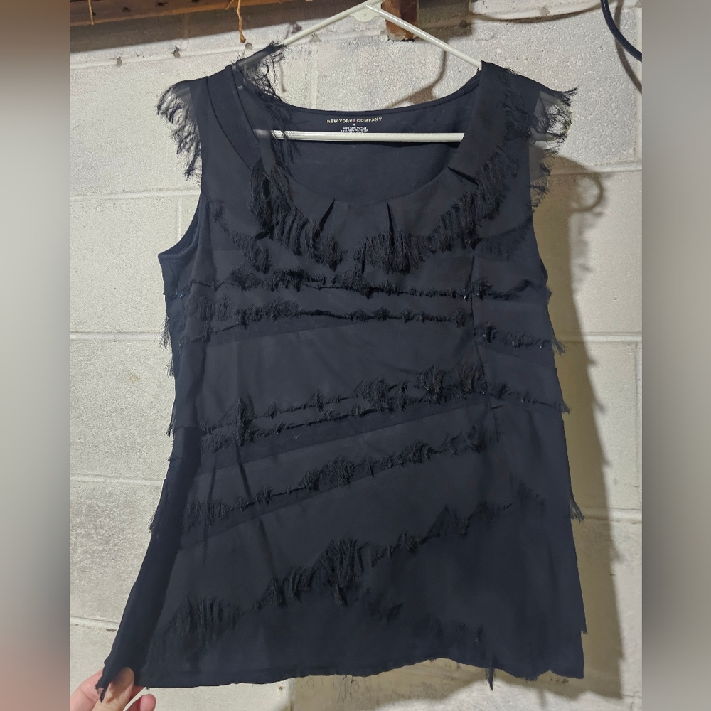 New York & Company Black Fringe Tank Top Size Small